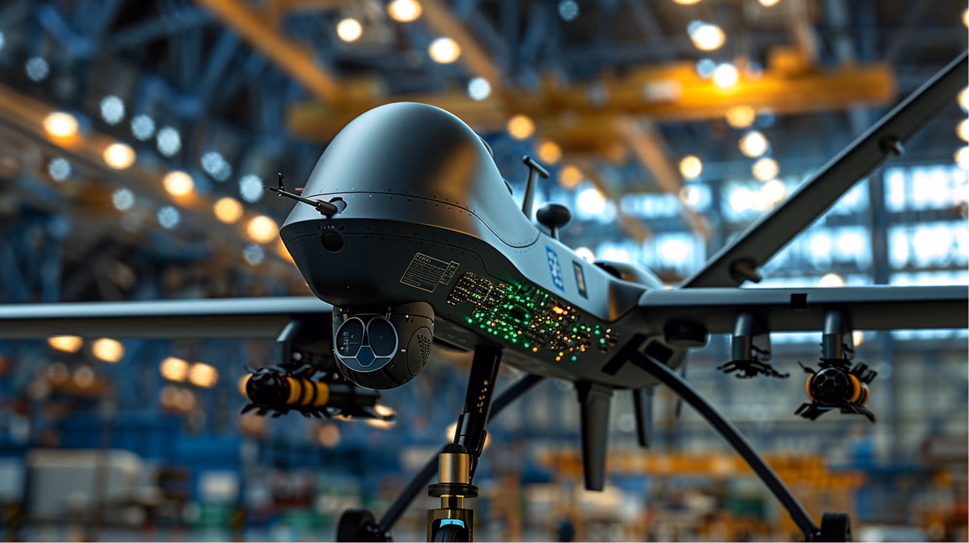Close-up of a military drone with illuminated circuit board, sensors, and mounted weapons in a large industrial hangar.