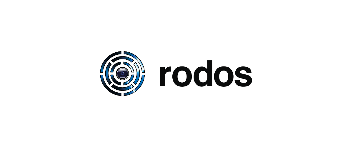 Rodos logo featuring a circular maze design with a camera lens at the center, next to the bold lowercase text 'rodos'.