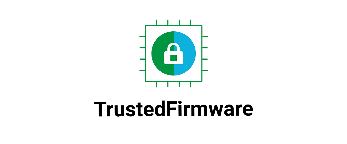 Logo featuring a microchip with a half-green, half-blue circle inside and a white padlock symbol in the center above the text TrustedFirmware.
