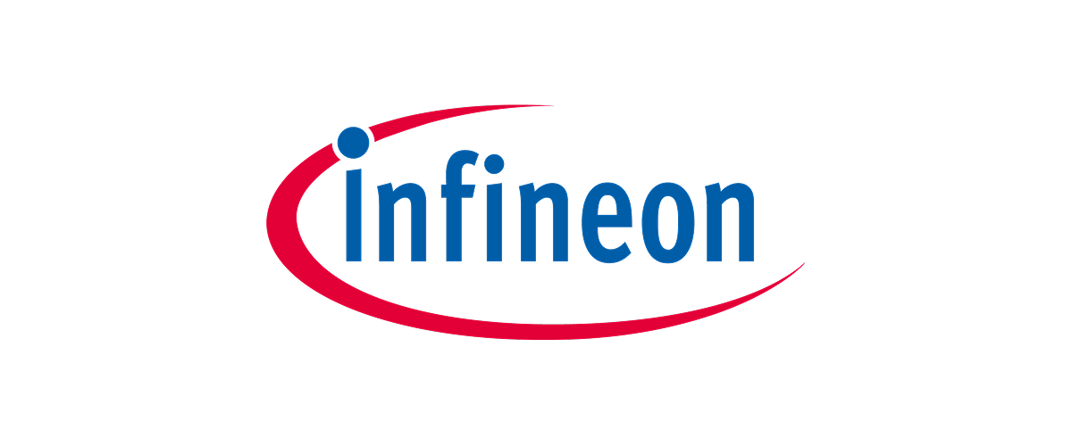Infineon logo with blue text and red curved swoosh around the word.