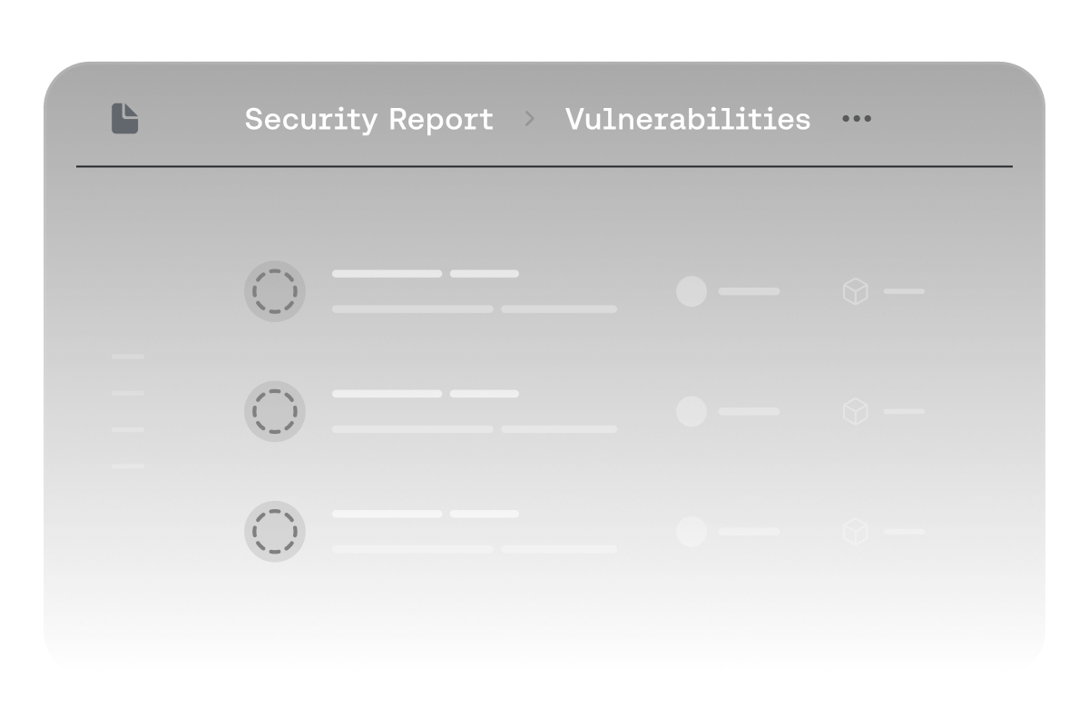 Dark-themed security report interface showing a list of three vulnerabilities with status indicators and icons.