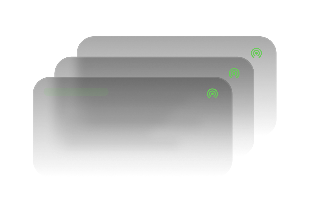 Three overlapping dark rectangular cards with rounded corners and a green circular icon on the top right corner of each card.