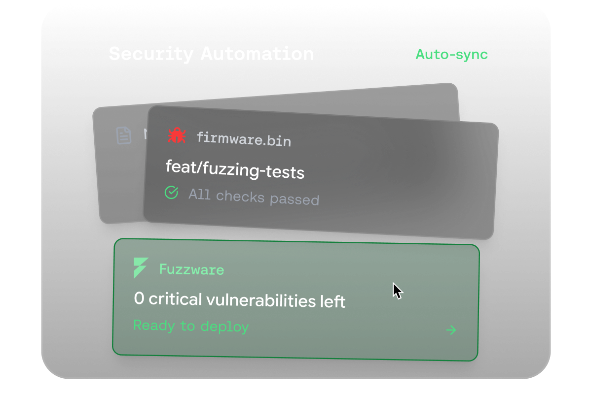 Security automation interface showing a passed fuzzing test for firmware.bin and indicating zero critical vulnerabilities left, ready to deploy.