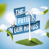 Wind turbine on a floating grassy piece with 'The future in our hands' text in blue sky and green leaves.