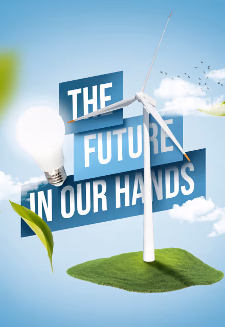Wind turbine on floating grass island with light bulb and text 'The Future In Our Hands' against blue sky background.