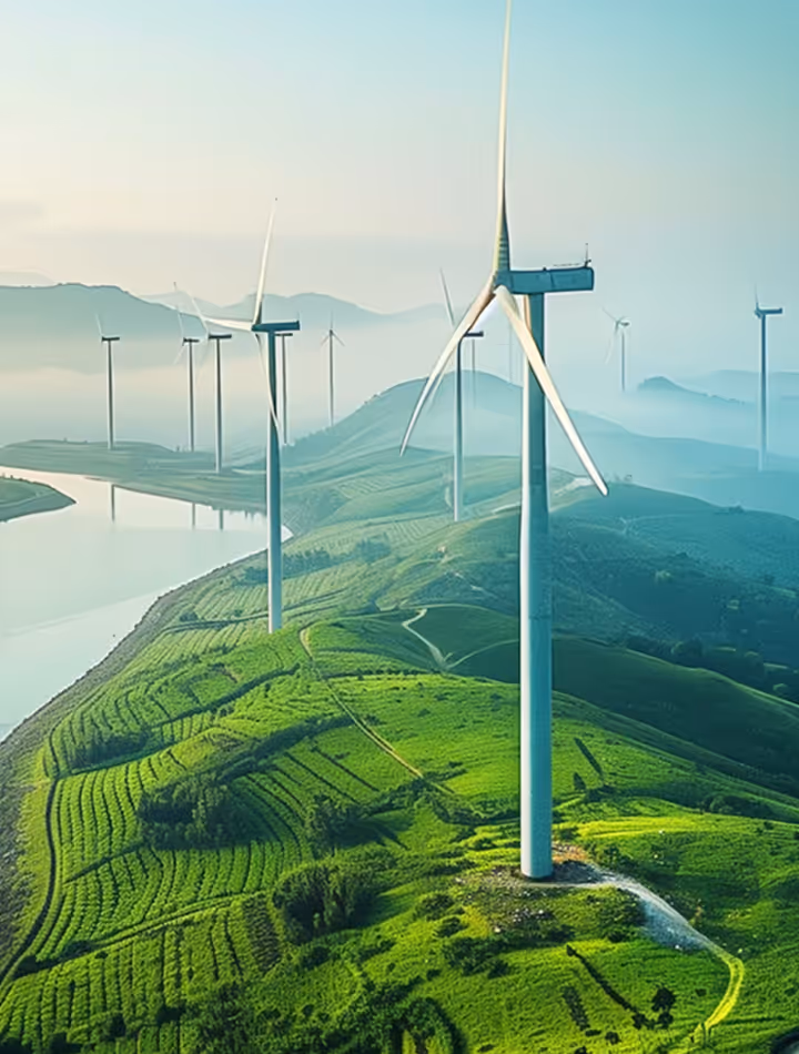 Wind turbines on green hills with a river and misty mountains in the background.