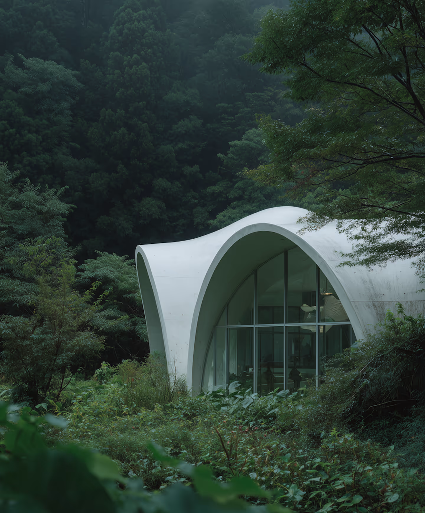 Modern white curved building with large glass windows surrounded by dense green forest and plants.