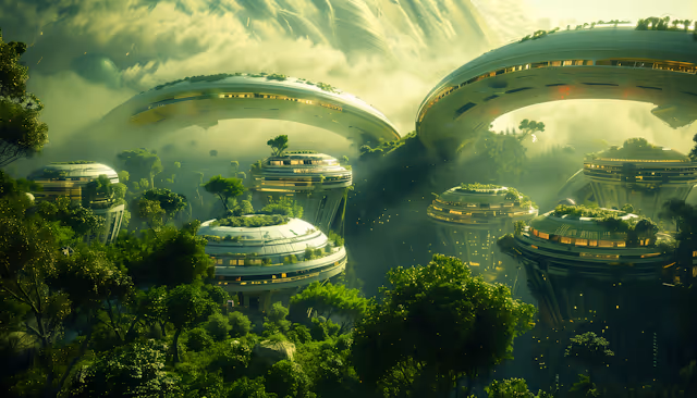 Futuristic cityscape with dome-shaped buildings elevated above lush green forest under a misty sky.