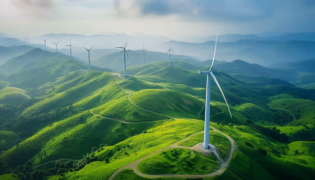Wind turbines scattered across rolling green hills under a cloudy sky.