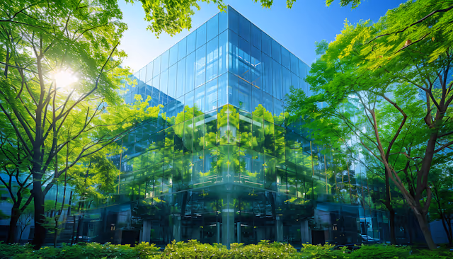 Modern glass building reflecting vibrant green trees under a clear blue sky with sunlight filtering through.