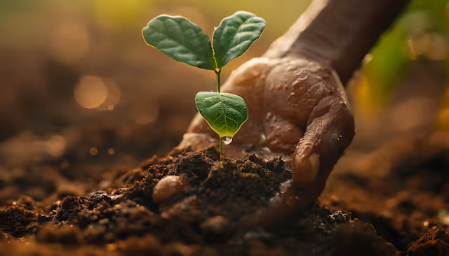 Hand watering a small green plant growing in dark soil with sunlight in the background.