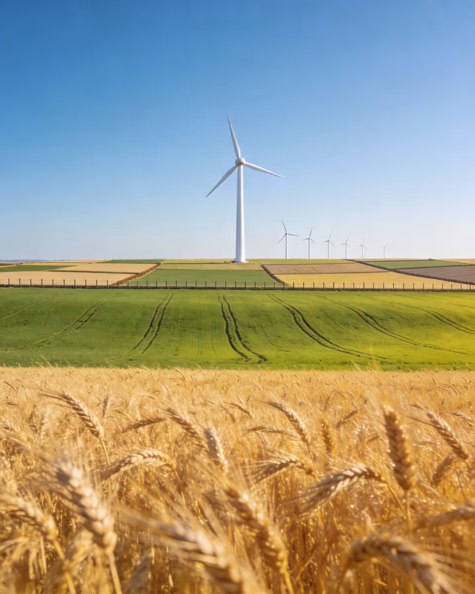 Golden wheat field in the foreground with green and yellow patchwork farmland and wind turbines under a clear blue sky.