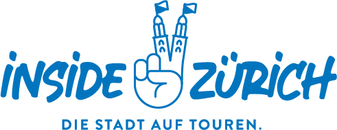 Logo of Inside Zürich showing a hand making a peace sign with church towers as fingers, accompanied by the tagline Die Stadt auf Touren.