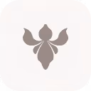 Abstract symmetrical floral or butterfly-shaped gray icon on a rounded white square background.