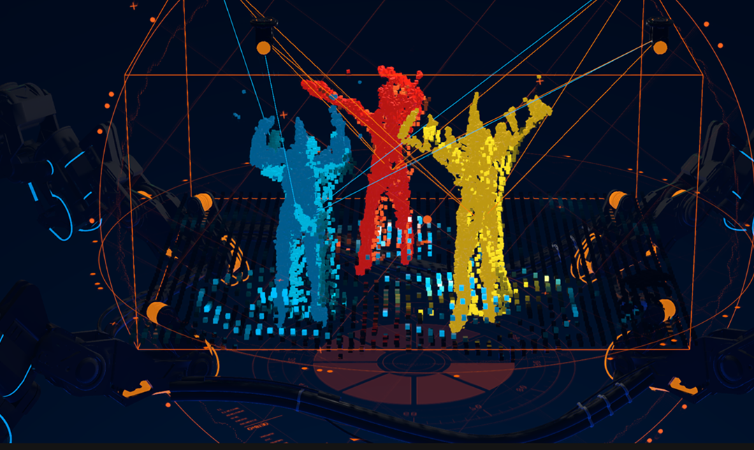 MOVIN TRACIN Stage capturing three performers as colored point clouds on a live stage