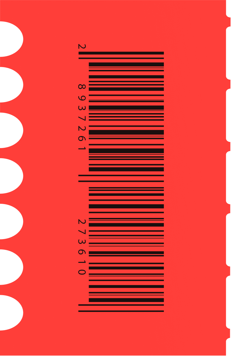Red ticket stub with two black barcodes side by side and perforated edges on the left and right.