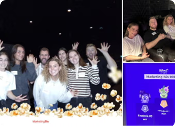 Group of people smiling and waving with popcorn graphic at the bottom, a smaller photo shows three people seated, and a screenshot displays a Marketing Bio 2023 leaderboard.