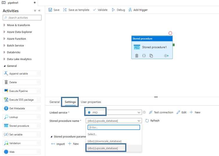 autoscaling azure sql database stored procedure name data factory