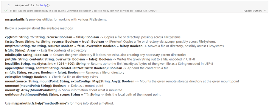 mssparkutils.fs.help() to get a list of all available functions.
