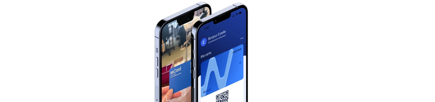 Deux smartphones affichant une carte numérique bleue avec un code QR, et un message de bienvenue à Estelle.