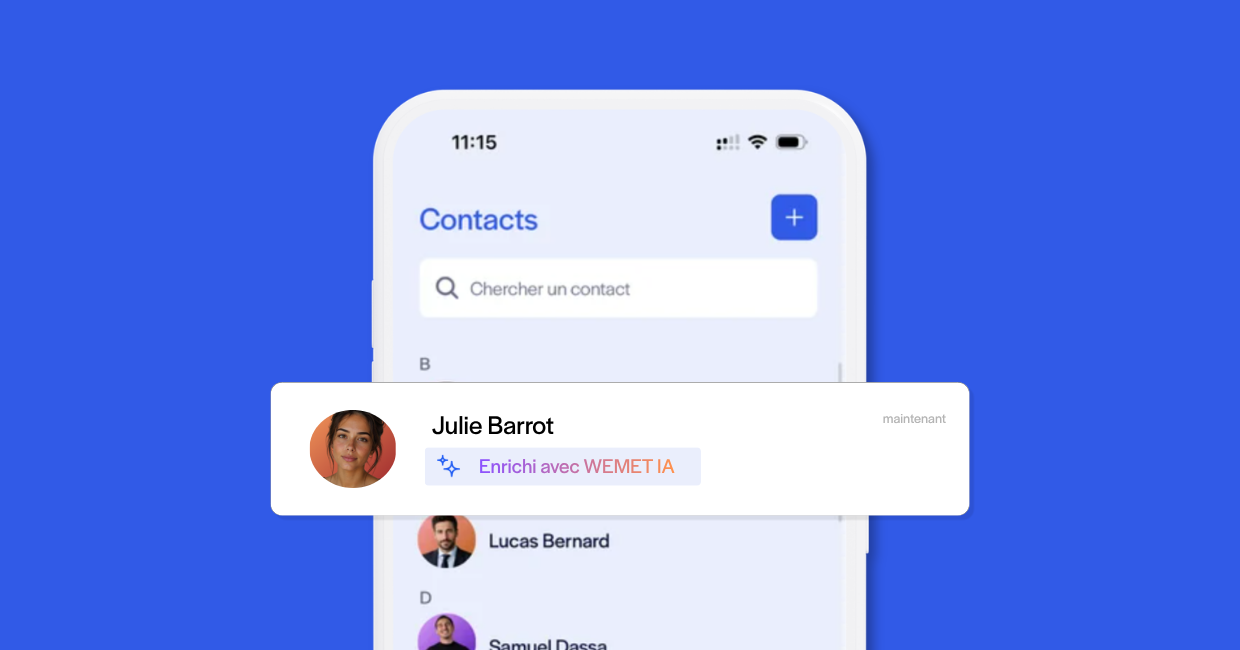 Application WEMET affichant un nouveau contact enrichi par l’IA