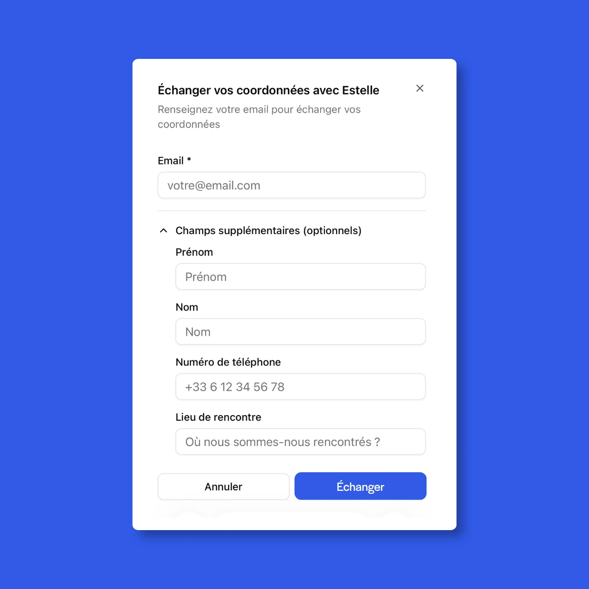 Formulaire d’échange de coordonnées affiché au contact après le partage d’une carte de visite numérique