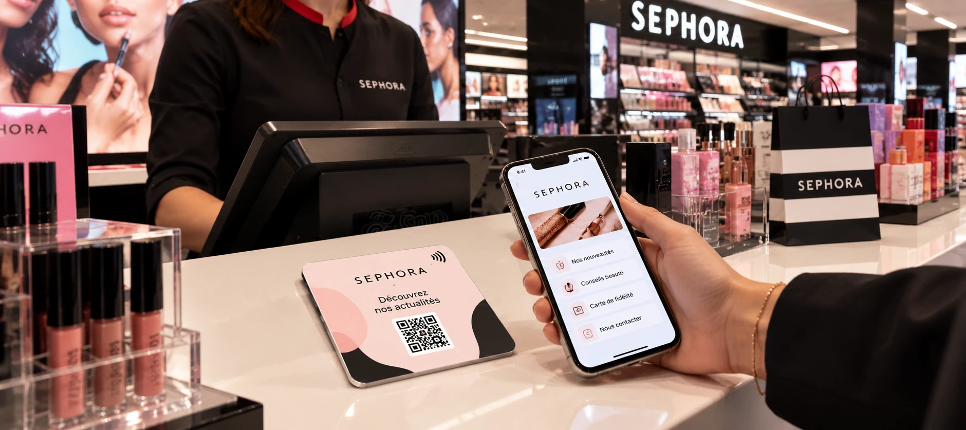 Plaque NFC en caisse dans une boutique de cosmétiques
