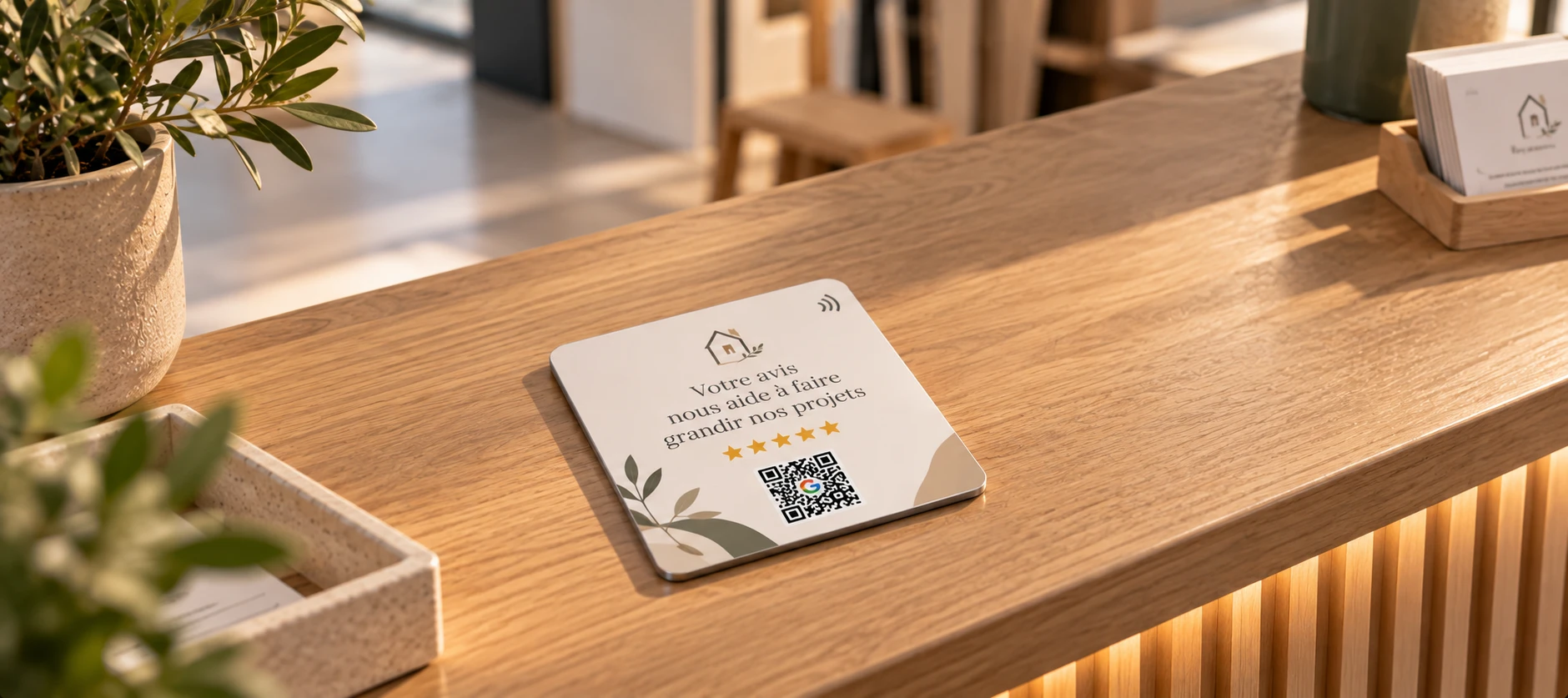 Plaque NFC avis Google dans le showroom d’un artisan