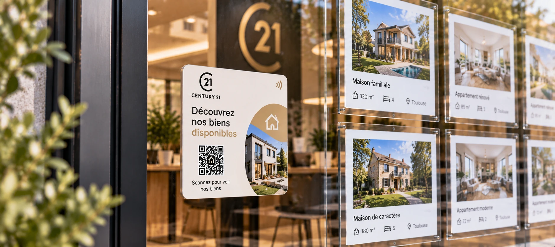 Plaque NFC en vitrine d’une agence immobilière