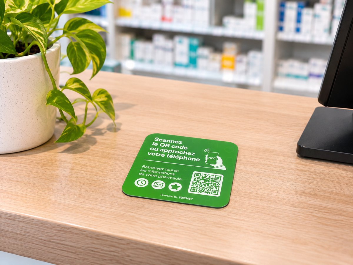 Plaque NFC WEMET posée sur le comptoir d’une pharmacie