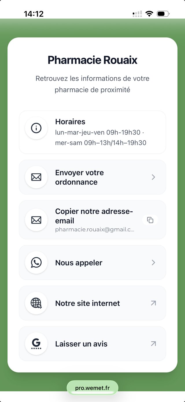 Page pharmacie WEMET sur smartphone : horaires, envoi d’ordonnance, appel, avis Google