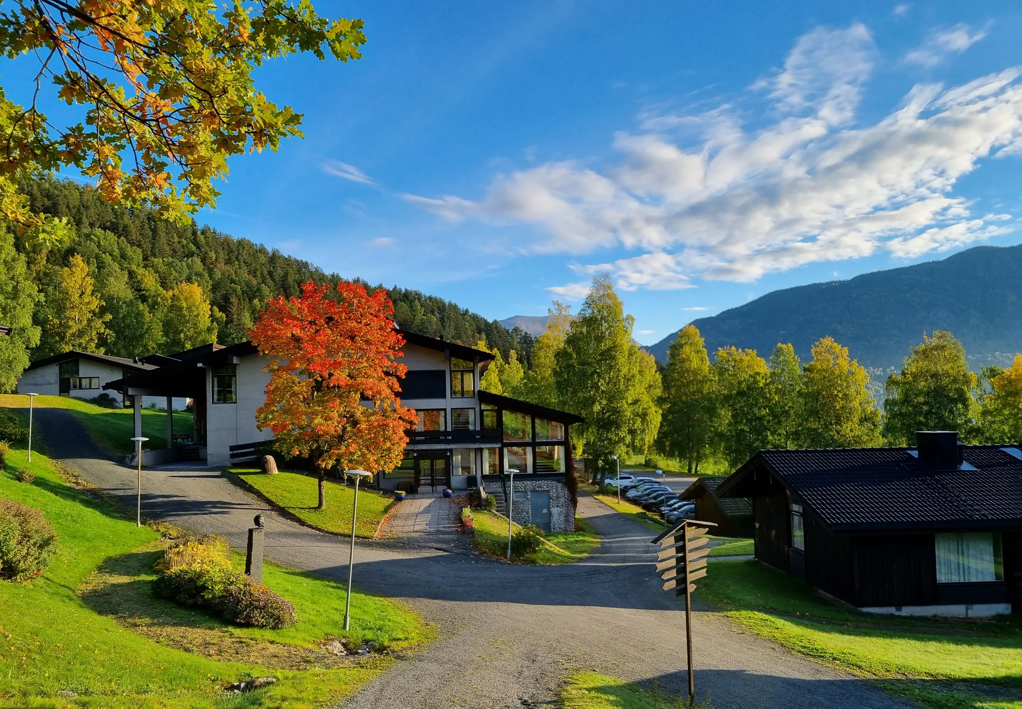 Elever på vandring med ryggsekker i fargerikt høstlandskap