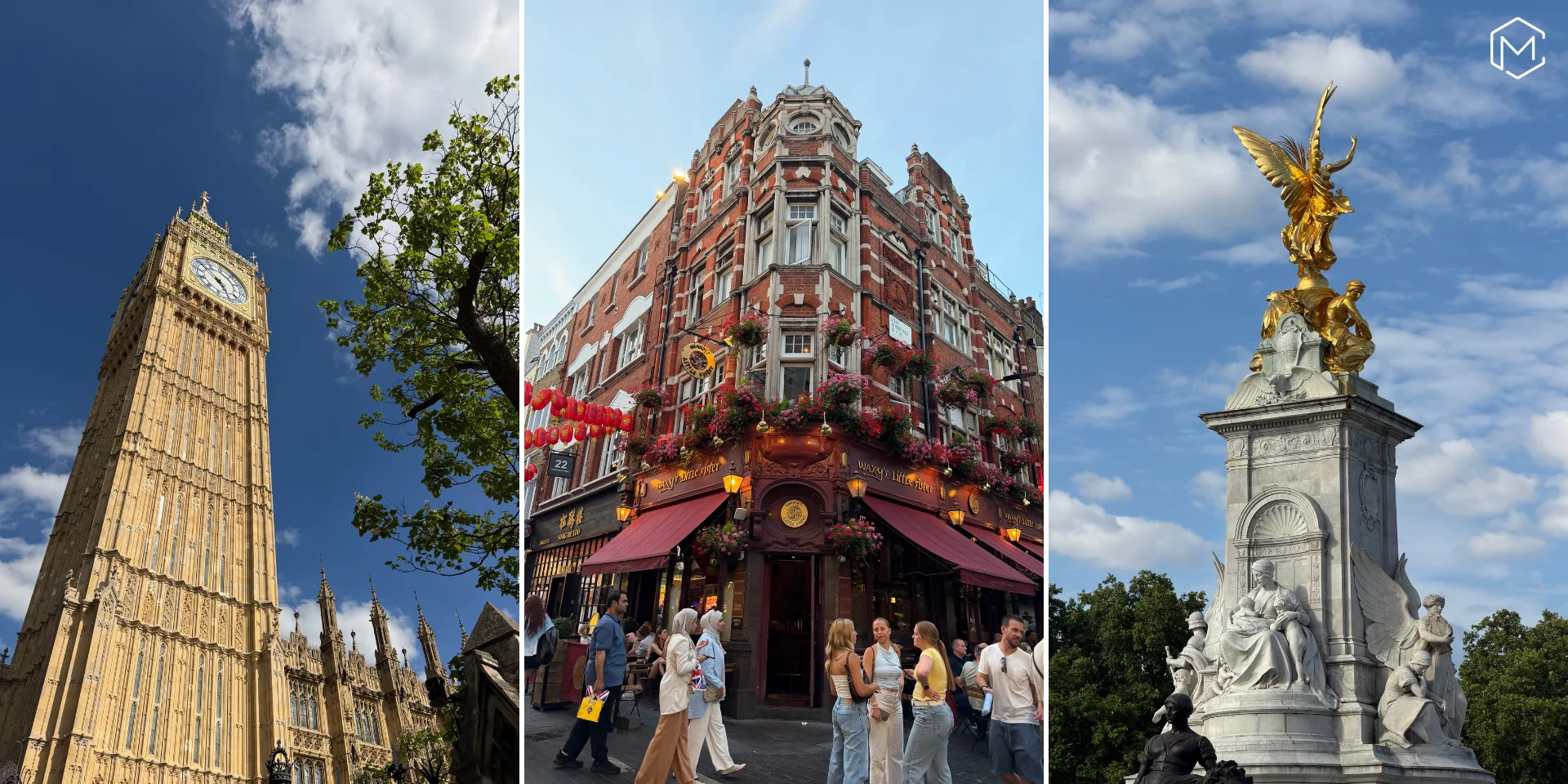 London landmarks — Big Ben, a traditional pub, and the Victoria Memorial