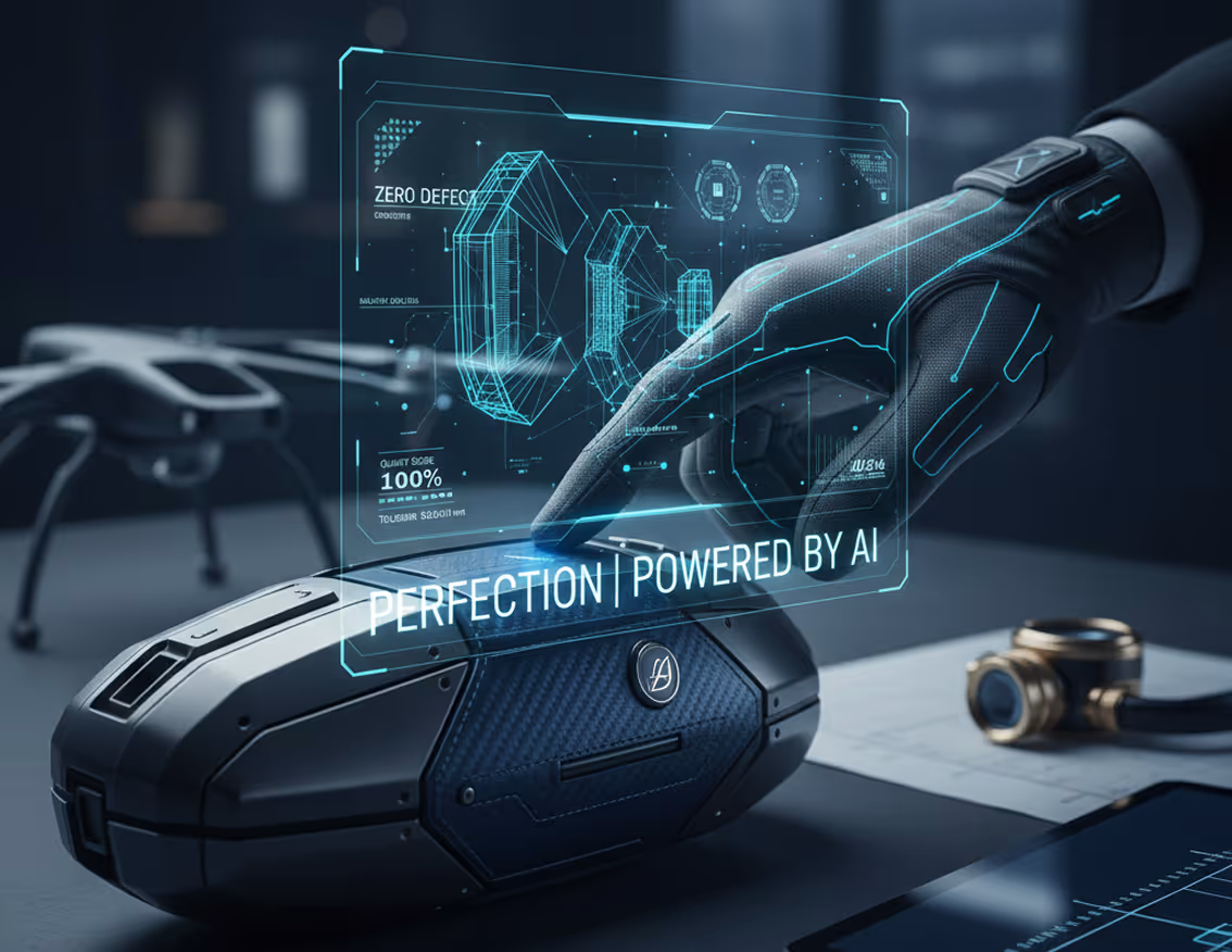 Une main robotique tactile interagit avec un écran holographique affichant des données de contrôle qualité et le texte « Perfection | Powered by AI » sur un dispositif futuriste.