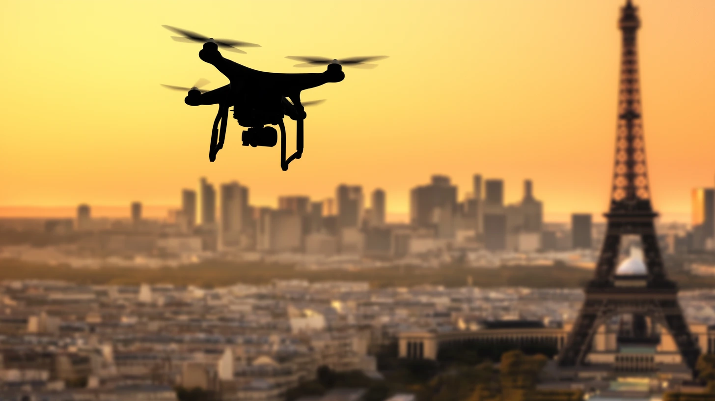 Un drone survole Paris au coucher du soleil, la Tour Eiffel en arrière-plan.