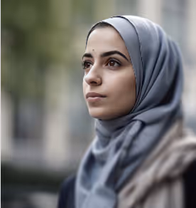 Portrait of a thoughtful woman wearing a gray hijab looking slightly to the side with a blurred outdoor background.