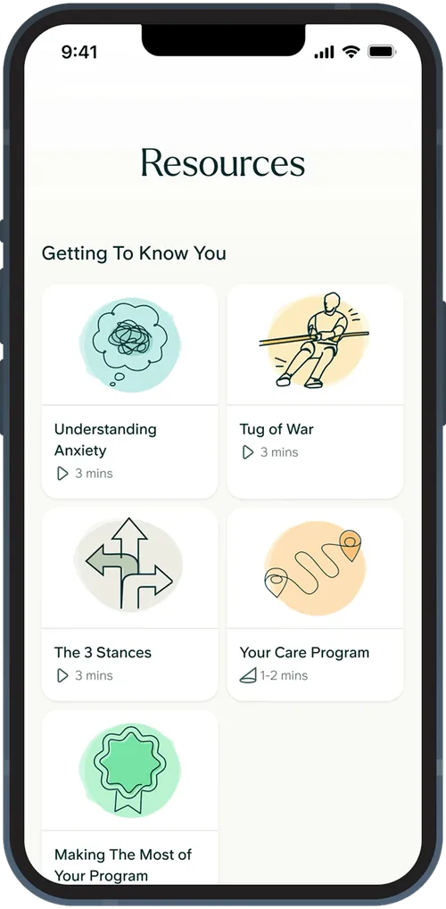 Mobile screen showing a Resources section with Getting To Know You category featuring five resource cards titled Understanding Anxiety, Tug of War, The 3 Stances, Your Care Program, and Making The Most of Your Program with illustrated icons and durations.