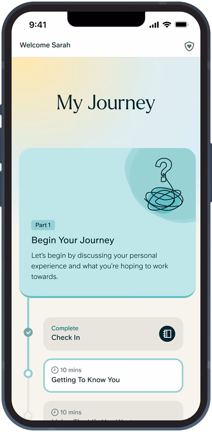 Mobile app screen titled 'My Journey' welcoming Sarah, showing Part 1 titled 'Begin Your Journey' with tasks like 'Check In' marked complete and 'Getting To Know You' timed for 10 minutes.