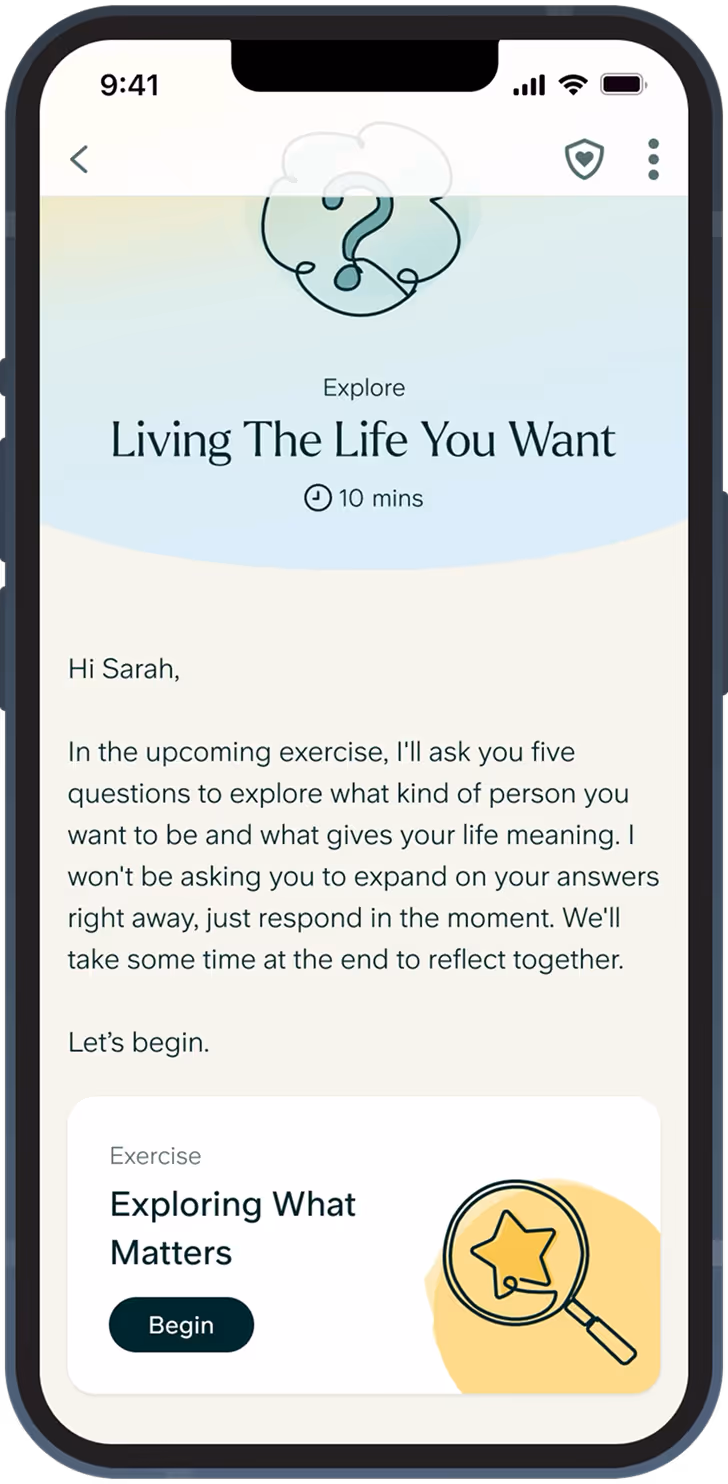 Mobile screen showing a self-exploration app titled 'Living The Life You Want' with a 10-minute exercise called 'Exploring What Matters' and a Begin button.