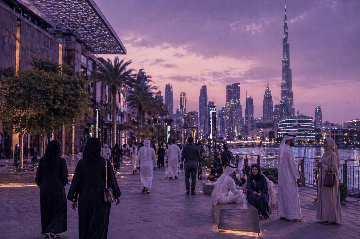 Nighttime waterfront scene in Dubai with people walking and gathering along the promenade.