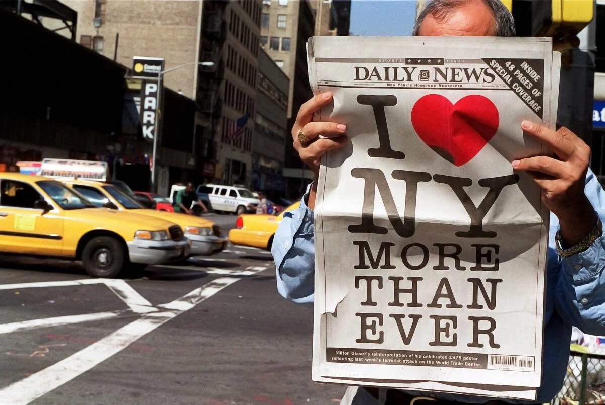 Following September 11, 2001, the back page of the New York Daily News displayed Milton Glaser’s revised “I ♥ NY” design.