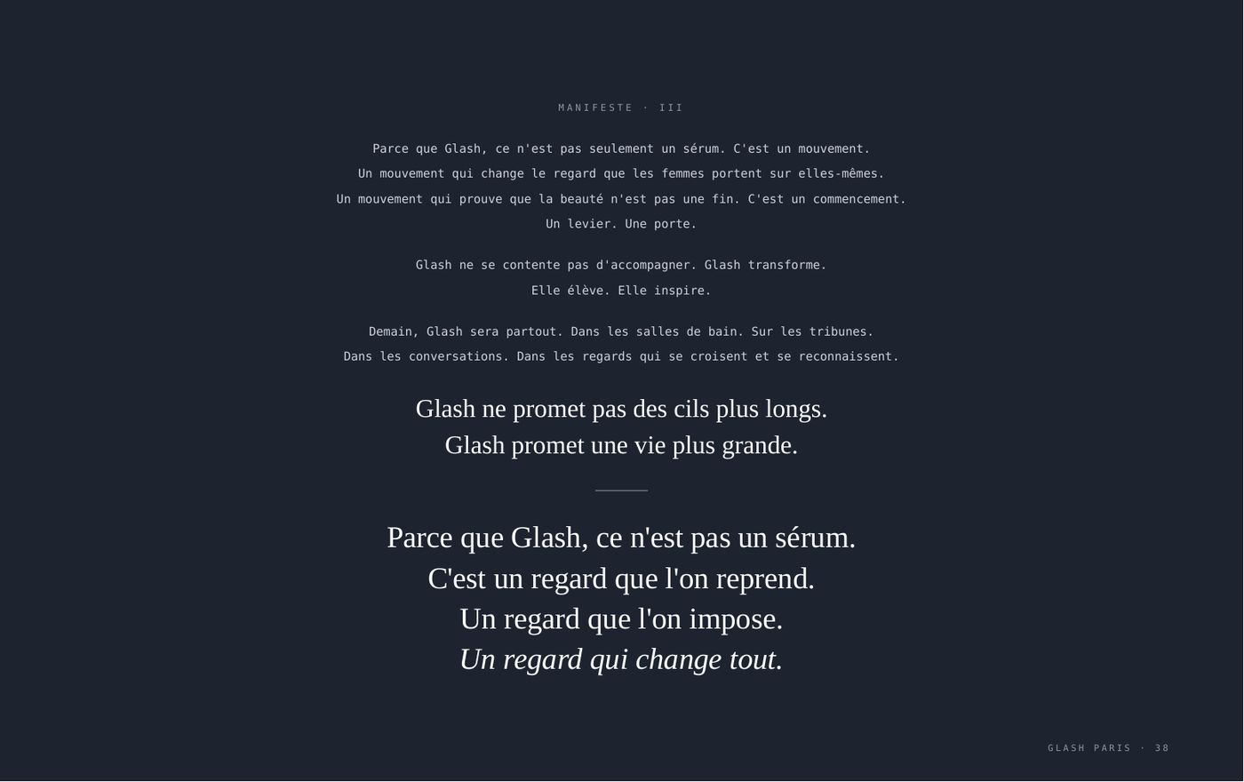 Livre de marque G'LASH, le manifeste, suite