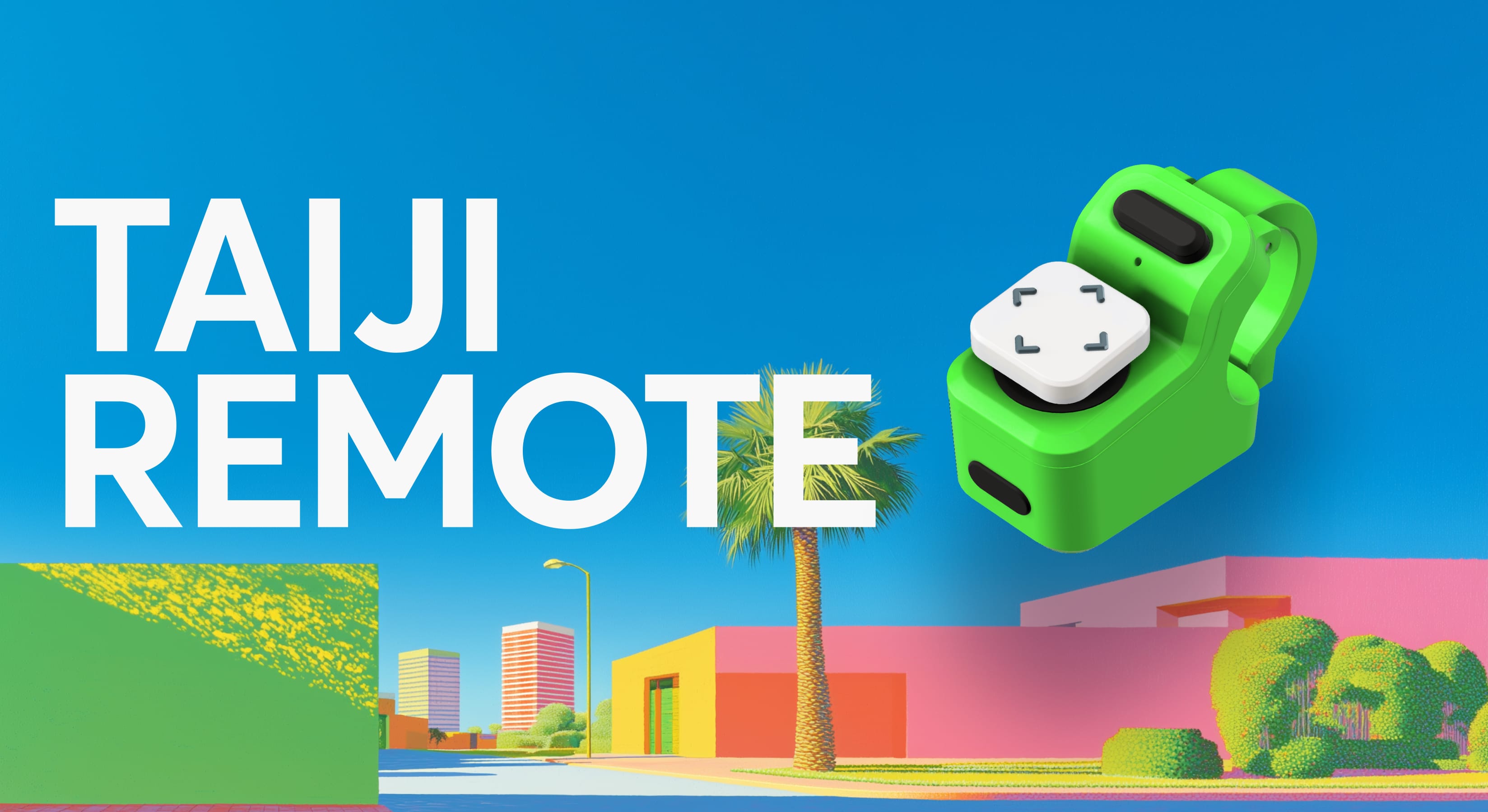 Visuel Taiji Remote avec télécommande verte en 3D sur fond urbain coloré