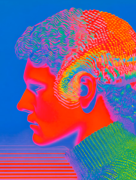 Profil coloré d’un homme portant une oreillette, évoquant une conversation avec une intelligence artificielle.
