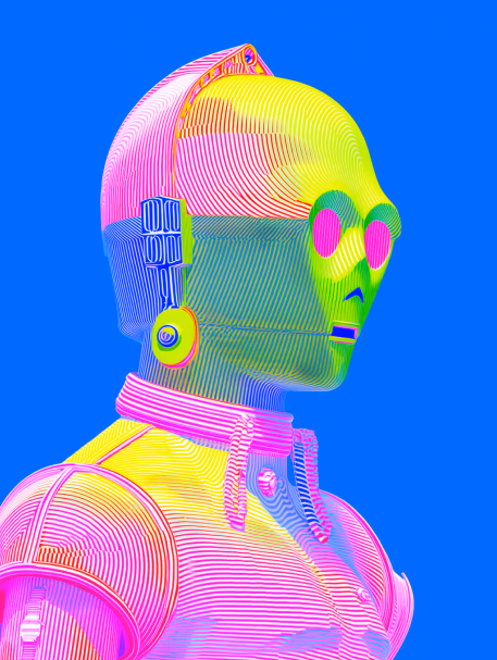 Personnage humanoïde coloré évoquant une intelligence artificielle et une écriture trop parfaite.