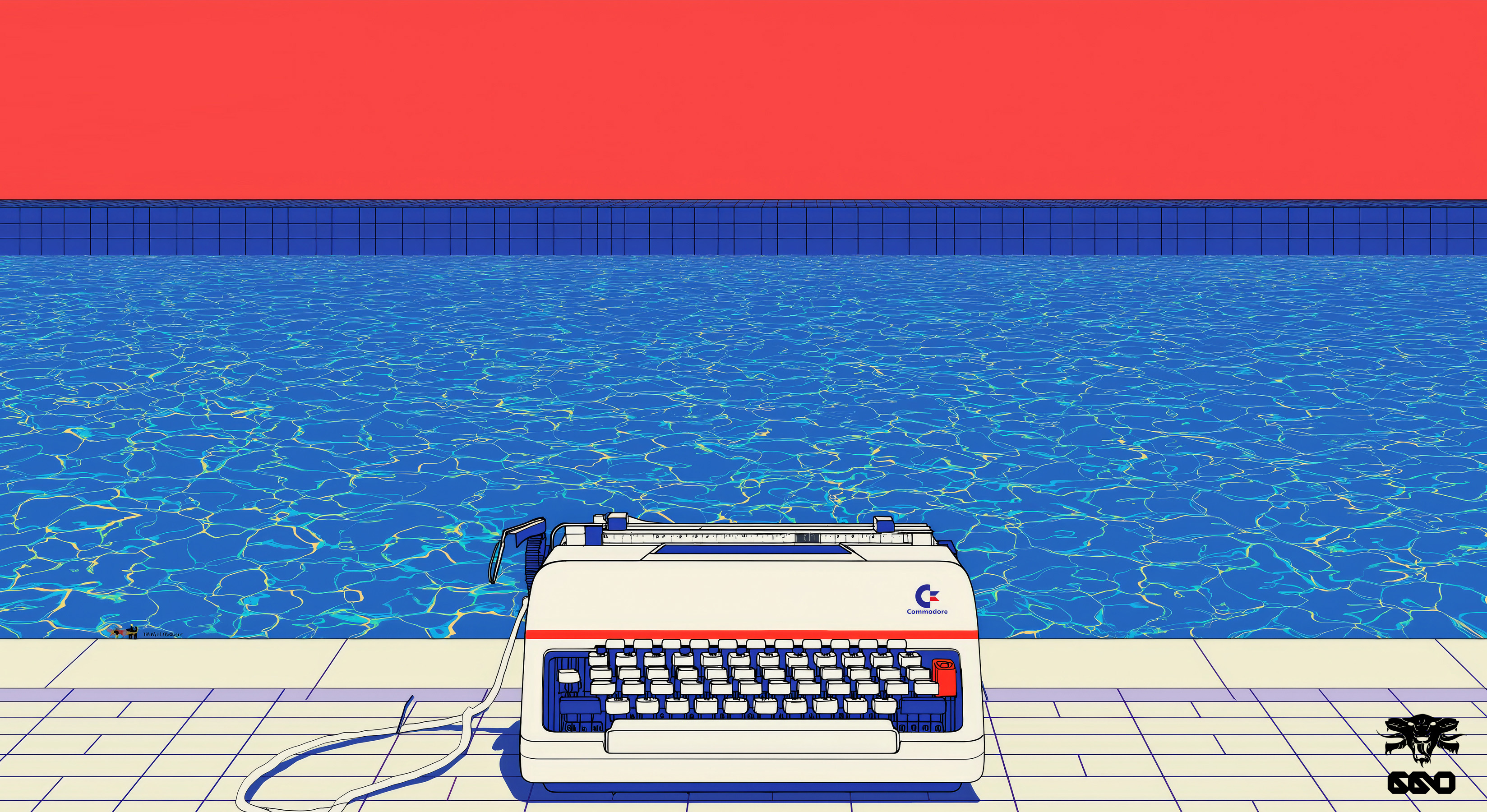Illustration rétro d’une machine à écrire Commodore au bord d’une piscine, évoquant une IA qui a la tête sous l’eau