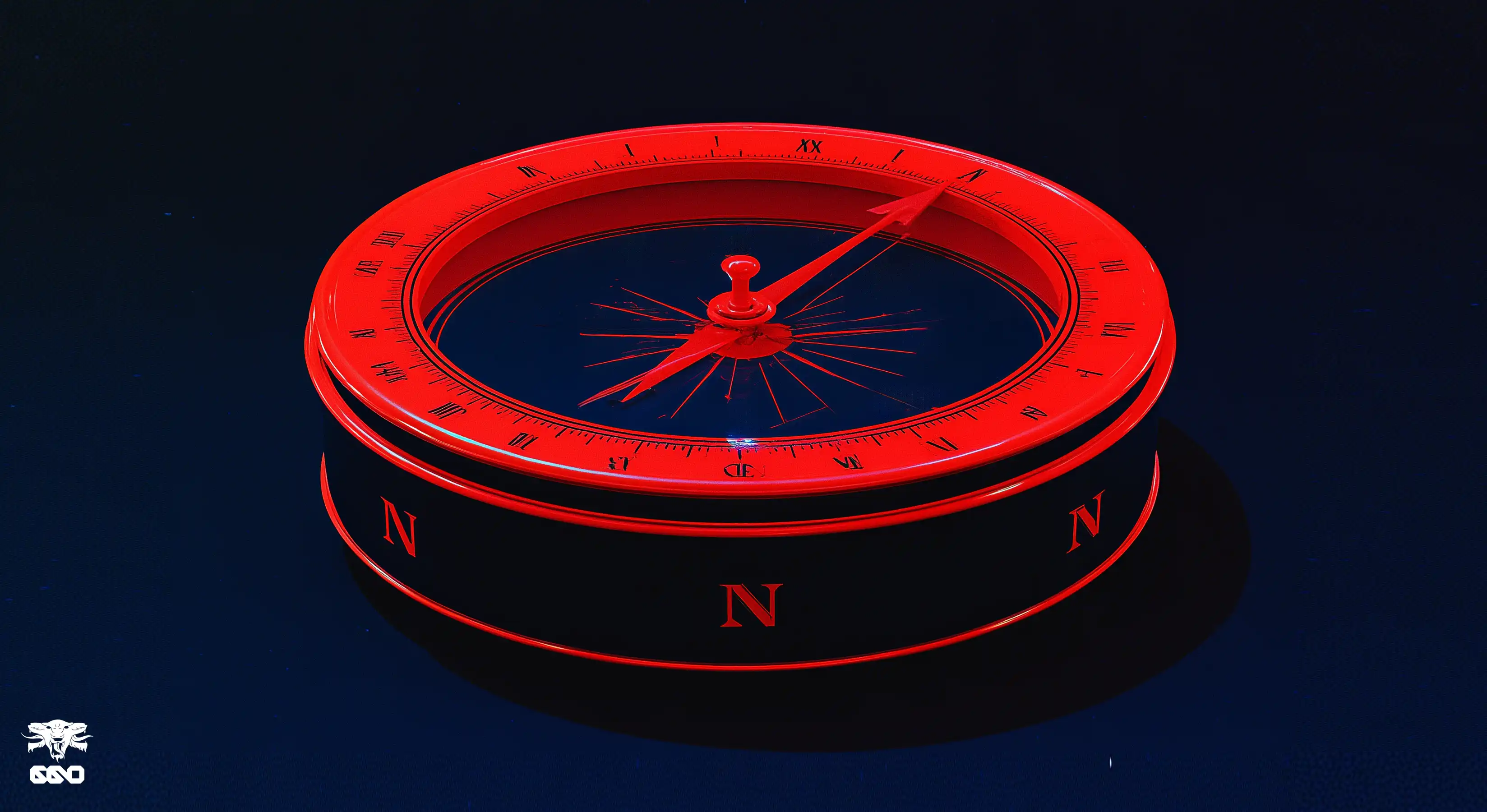 Boussole rouge sur fond bleu nuit dont tous les points cardinaux indiquent le nord.