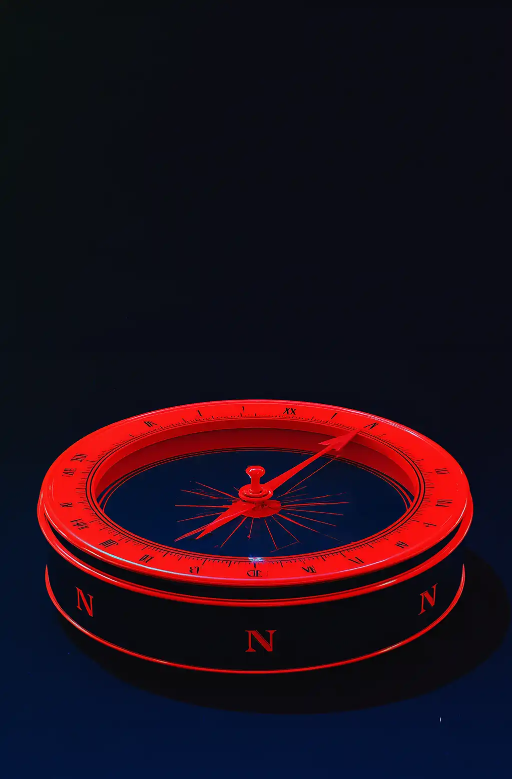 Boussole rouge sur fond bleu nuit dont tous les points cardinaux indiquent le nord.