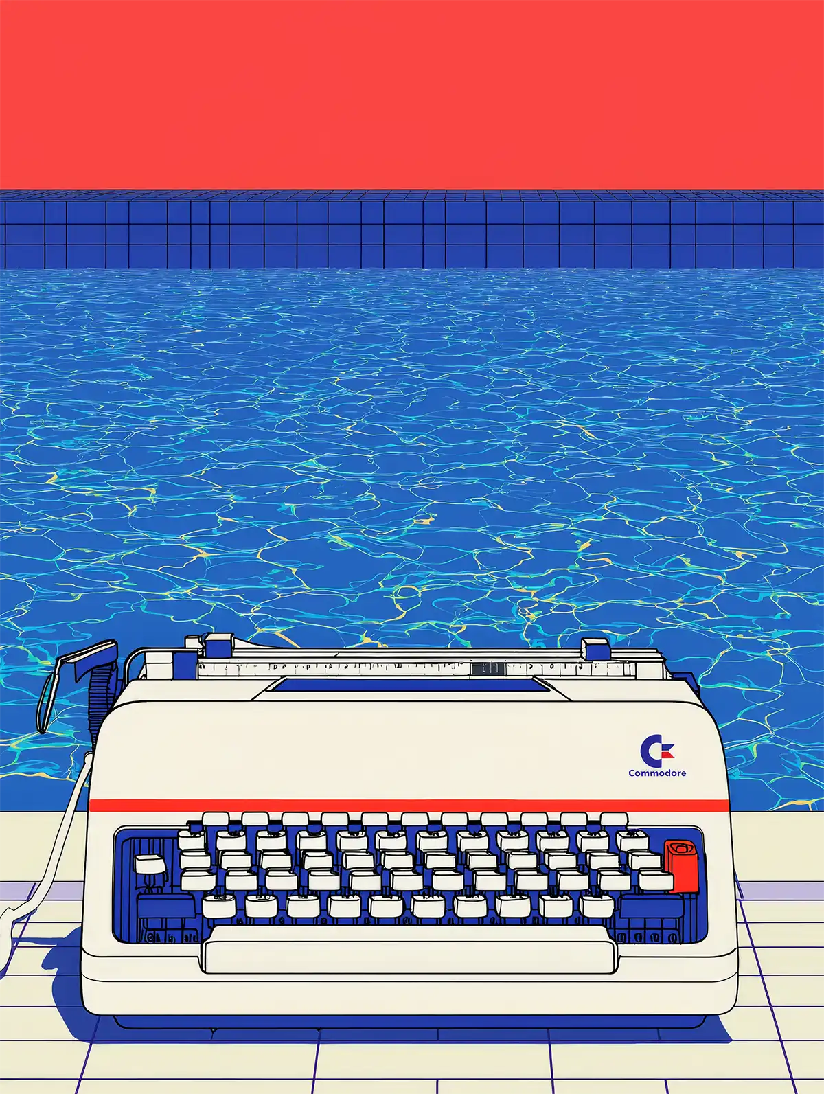 Illustration rétro d’une machine à écrire Commodore au bord d’une piscine, évoquant une IA qui a la tête sous l’eau
