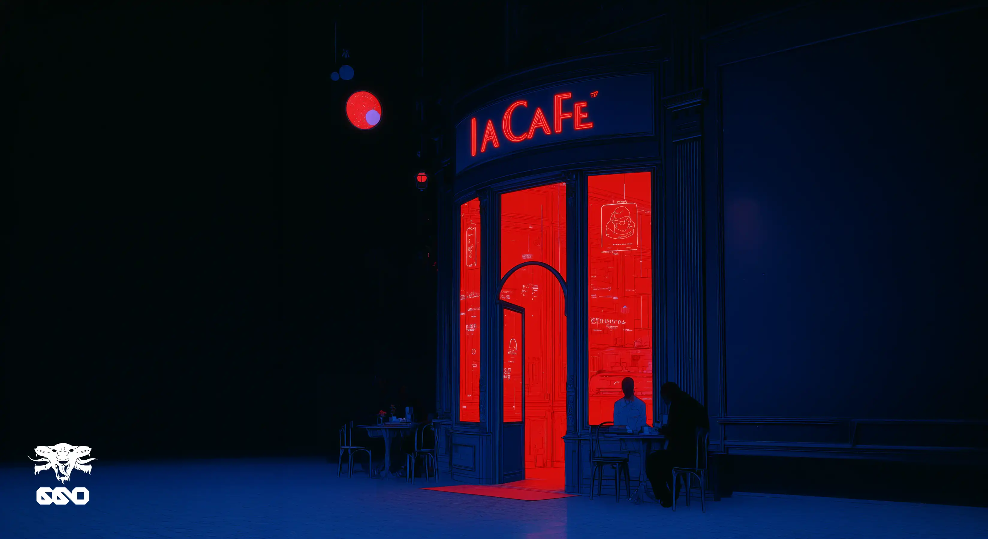 Façade nocturne d’un café éclairé en rouge, avec l’enseigne « IA CAFÉ », illustration de l’Insight sur le prompt engineering et la conversation avec l’IA.